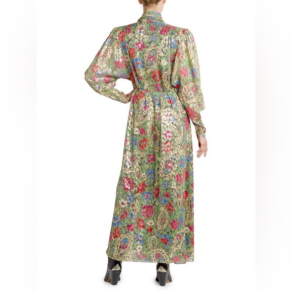 ISABEL MARANT Nalisma Metallic Floral Puff Long Sleeve Silk Dress - Picture 2 of 16